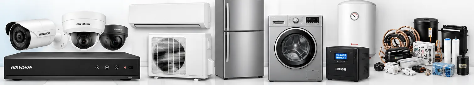CCTV cameras with DVR, split AC, refrigerator, washing machine, water heater, UPS and appliance spare parts